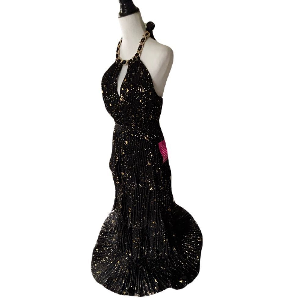 NWT Alex Marie Black and Gold Tiered Pleated Halter Maxi Dress – Size 4 - Picture 6 of 14